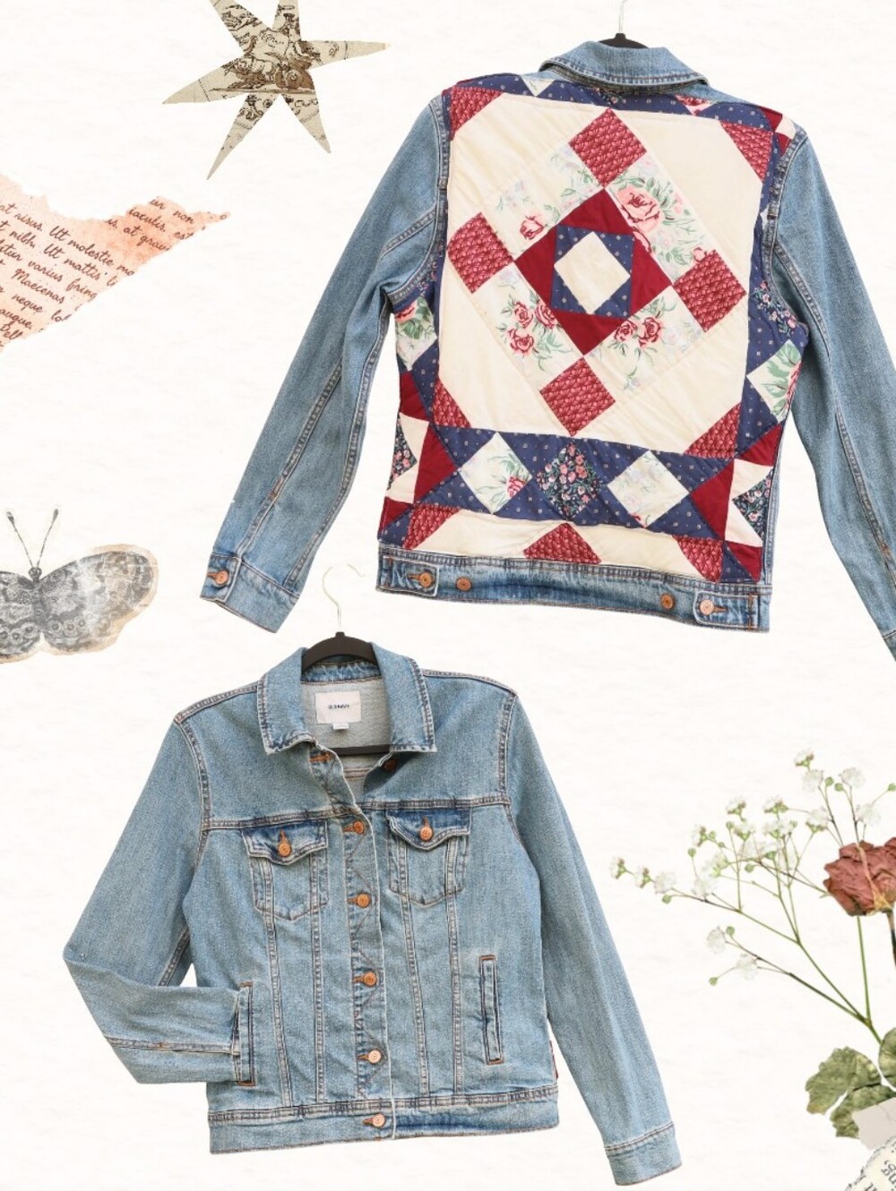 Upcycled Patchwork Quilt Patch on Denim Jacket - Red, Navy & Cream • Medium